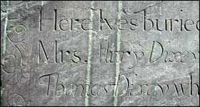 Detail of inscription in headstone of Mrs. Mary Dixey (1757).