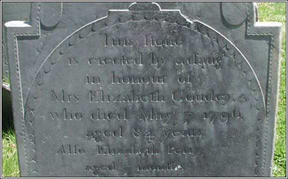 Deatil on Headstone for Mrs. Elizabeth Goudey (1796) and Elizabeth Perry.