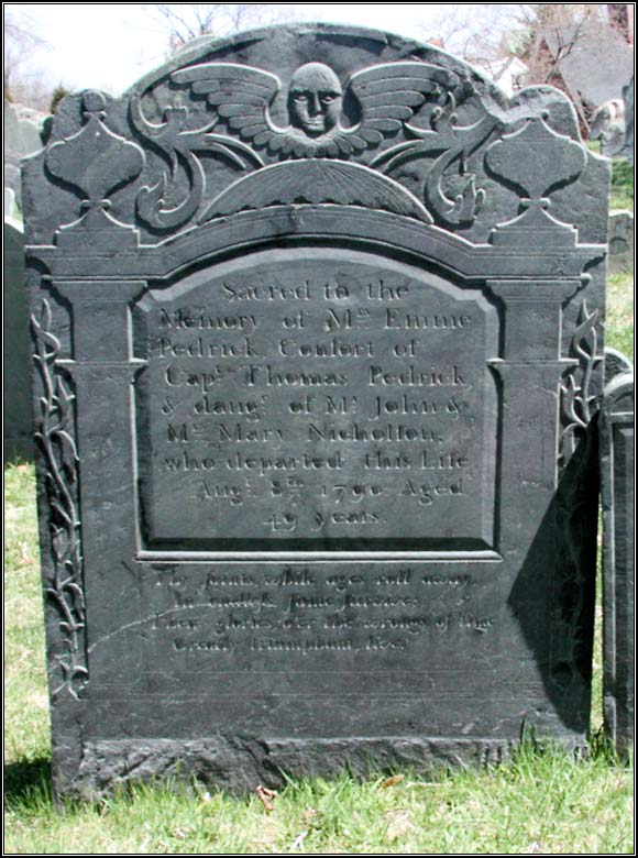 Headstone for Mrs. Emme Pedrick (1790).