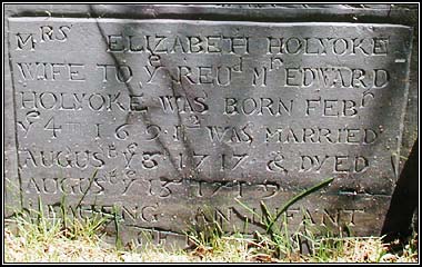 Inscription on headstone for Mrs. Elizabeth Holyoke (1719).