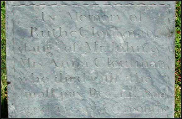 Inscription in Ruthe Cloutman headstone (1800).